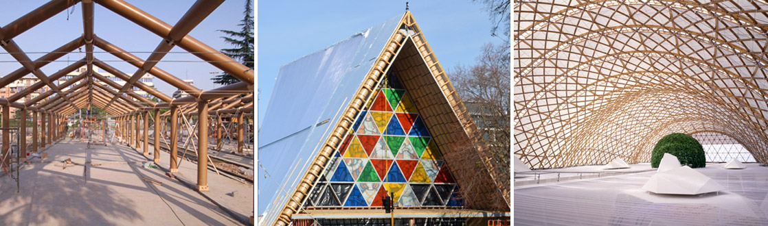 Three examples of cardboard buildings designed by Shigeru Ban for earthquake-prone areas; Rebuilding a school in China; Christchurch Cathedral, New Zealand; The Paper Dome, a temporary church in Japan.